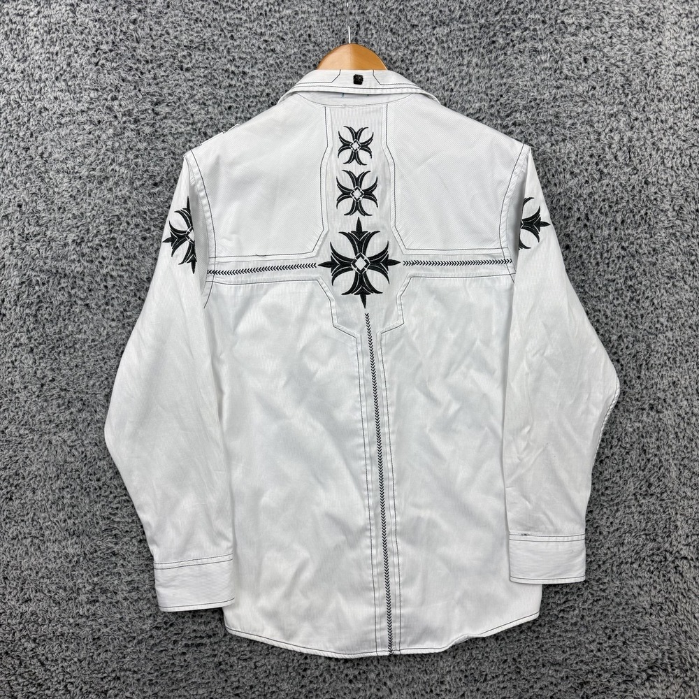 Roar Shirt Mens XL White Stripe Embroidered Cross Rockabilly Western Button Up - Picture 2 of 14